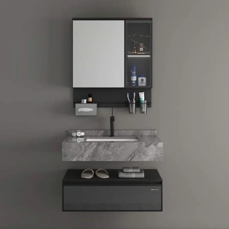 Cocobella Modern Gray Wall Mount Bathroom Vanity Hotel Aluminum Whole Plate Washroom Storage Cabinet Marble Floating Vanity
