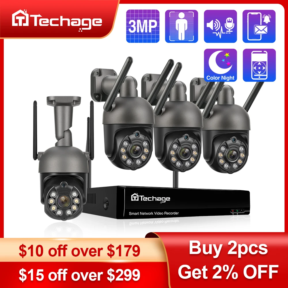 Techage 3Mp Ptz Wireless Cctv System Two Way Audio Wifi Ip Security Camera 10Ch P2P Nvr Kit Di Videosorveglianza Human Auto Track