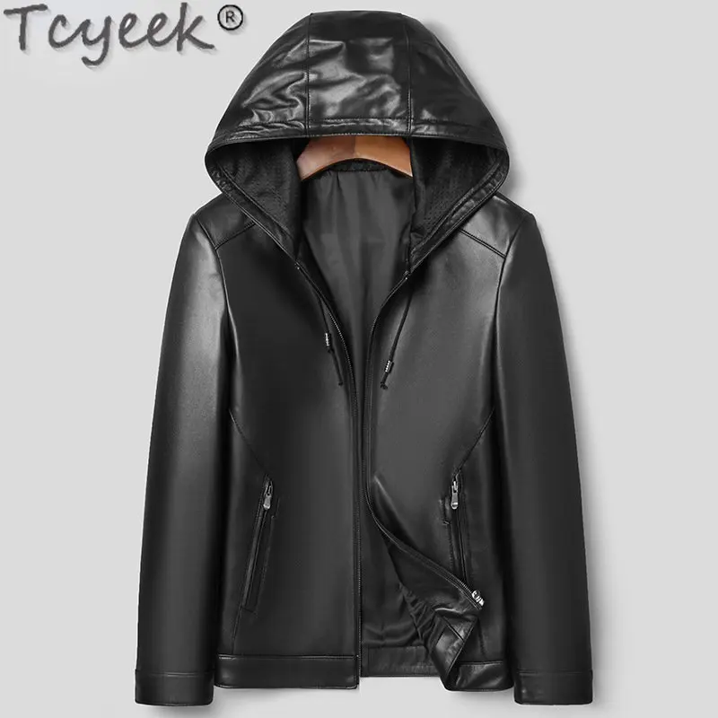 

Tcyeek Motocycle Genuine Leather Jacket Men Hooded Korean Male Leather Jackets Spring Fall Short Sheepskin Coat for Man Clothes