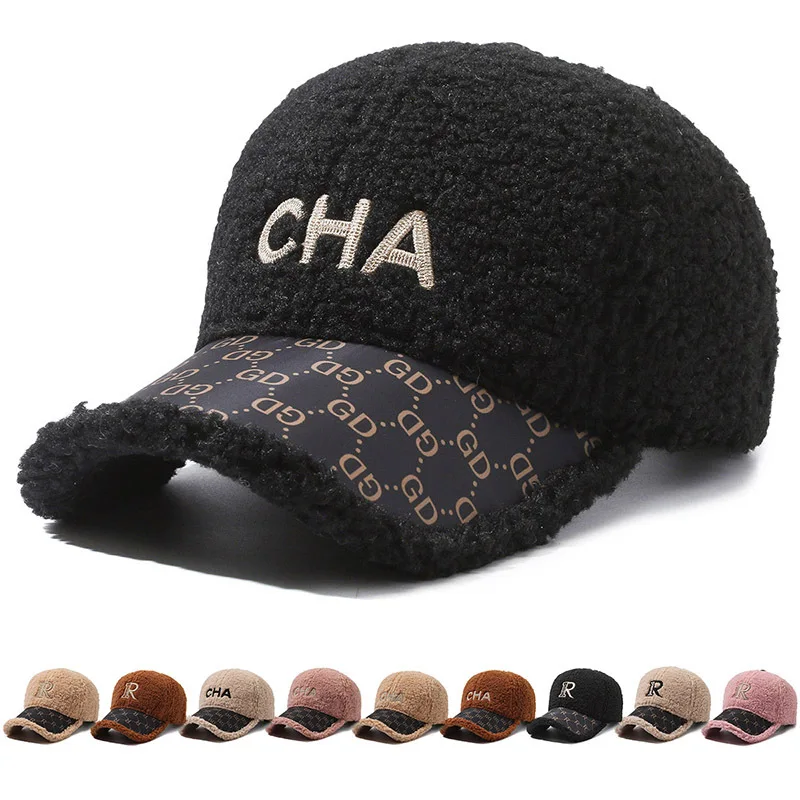 

2023 Autumn Winter Male Warm Thick Lamb Down Letter Baseball Cap Outdoor Head Keep Warmth Men Casual Winter Hat