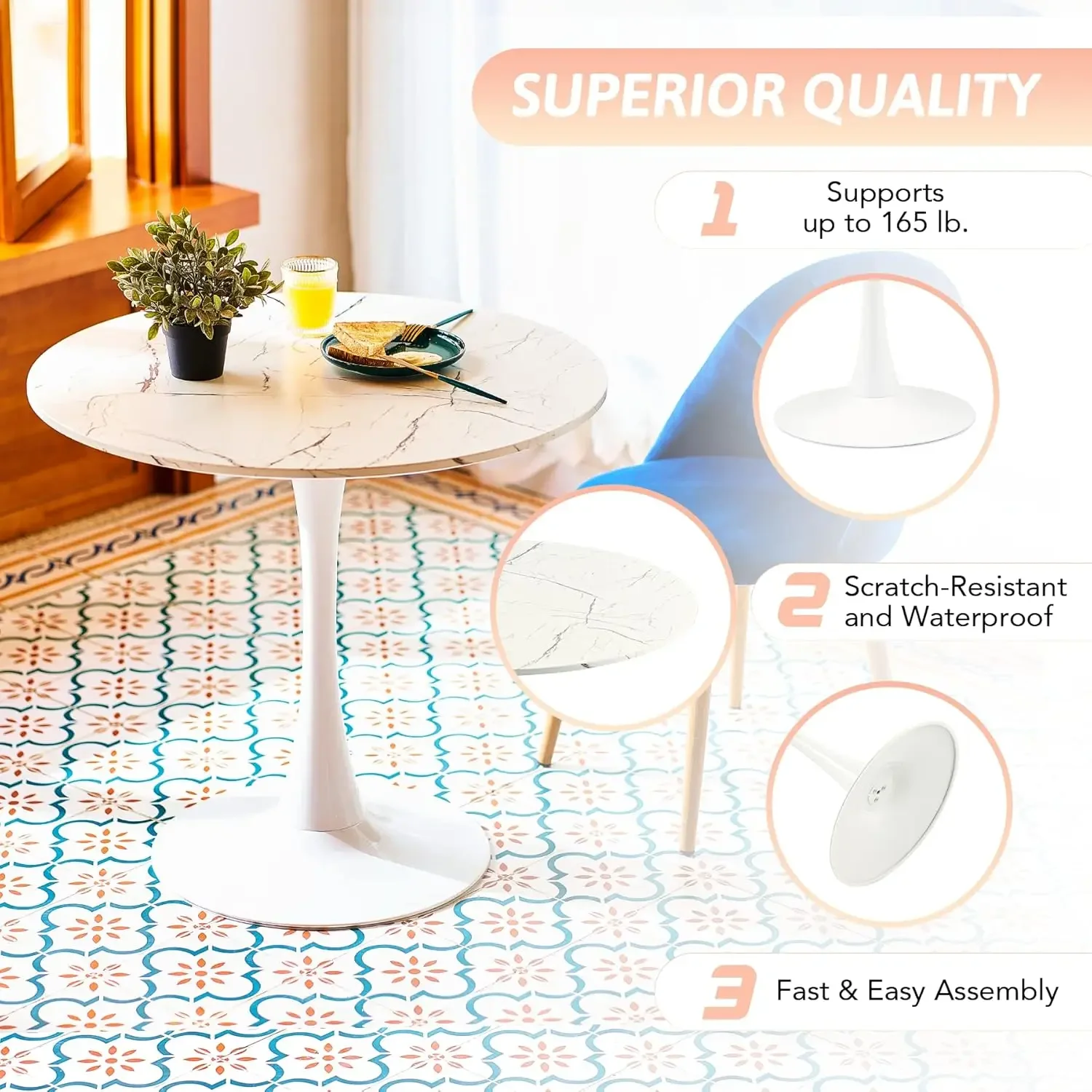 32 Inch |Round Dining Table with Faux Marble Top for Kitchen Bar Patio and More| Modern Small Coffee Table Living Room Accent 5