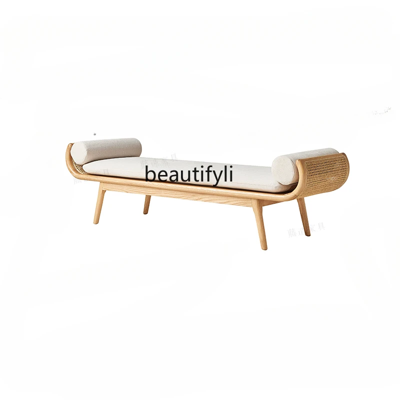 

Solid Wood Bench Sofa Rattan Soft Bag Armrest Sofa Double Bed & Breakfast Leisure Area Bed End Stool