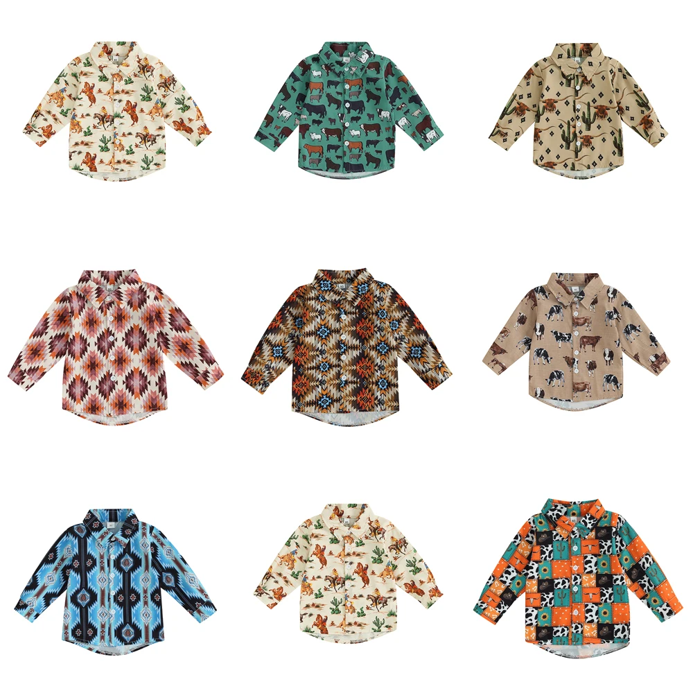 Vintage Kids Shirts Clothes Spring Autumn Blouses Clothing Infant Boys Animal Graphic Print Button Tops Kids Long Sleeves Shirts