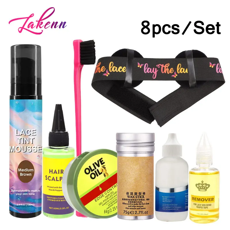 

Affordable 8Pcs Kit Lace Tint Spray Mousse Lace Wig Glue And Remover Hair Wax Stick Edge Control Lace Melting Band Olive Oil