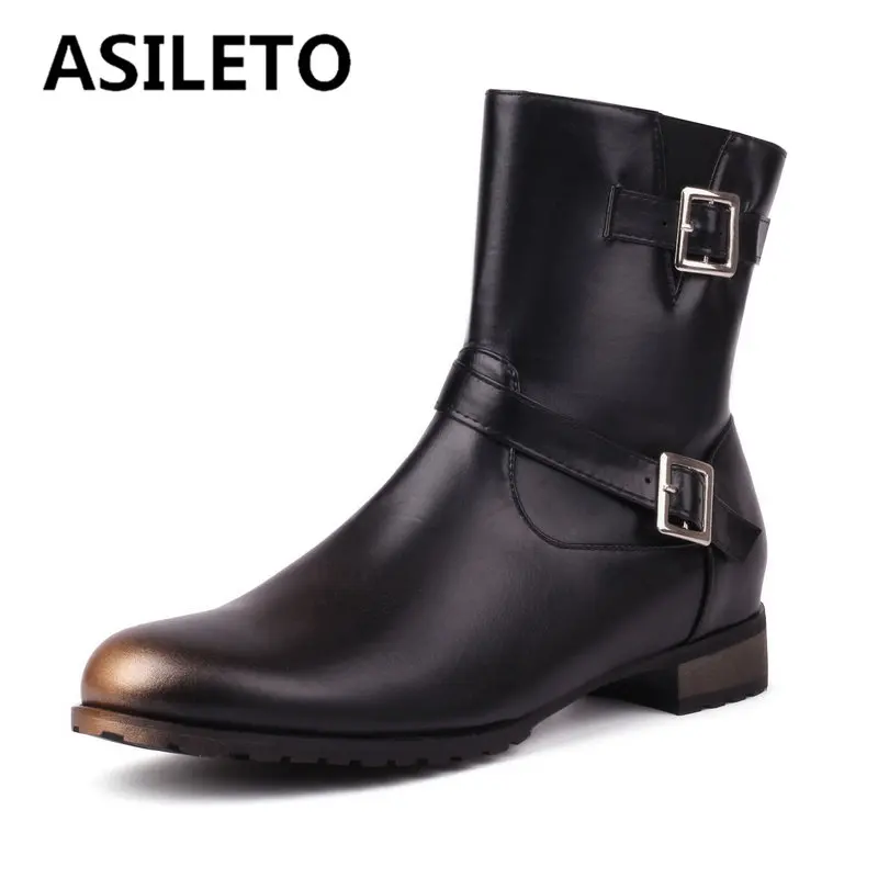 

ASILETO Brand Women Ankle Boots Round Toe Low Heels 3cm Zipper Belt Buckles Plus Size 49 50 Concise Daily Female Martin Booty