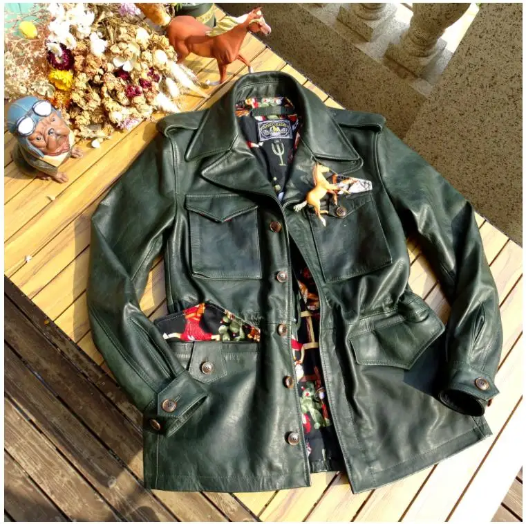 

Free shipping.Men army green hunting real leather jacket.Classic M43 thin tanned horsehide windcoat.quality leather coatField