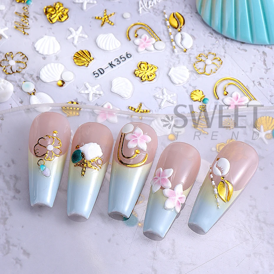 5D Summer Beach Ocean Shells Starfish Nail Stickers Conch Stars Embossed Nail Art Supplies Decals Manicure Charm Decoration DIY