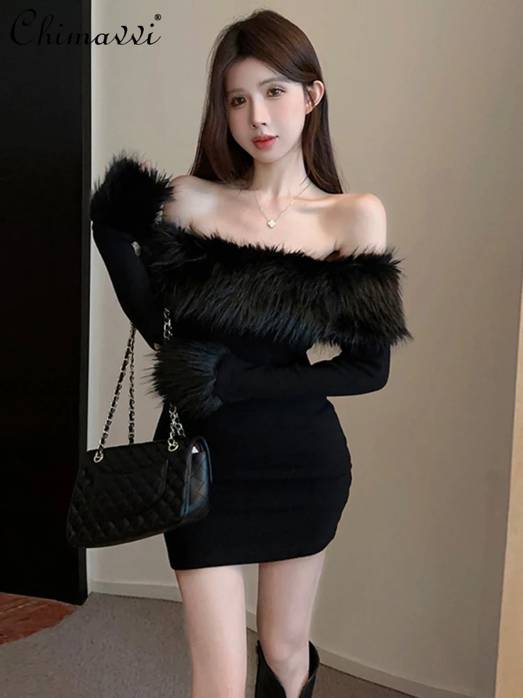 

Hepburn Style Temperament Furry Patchwork Off-Shoulder Women's Dress Spring Summer French Slim High Waist Short A- Line Dress