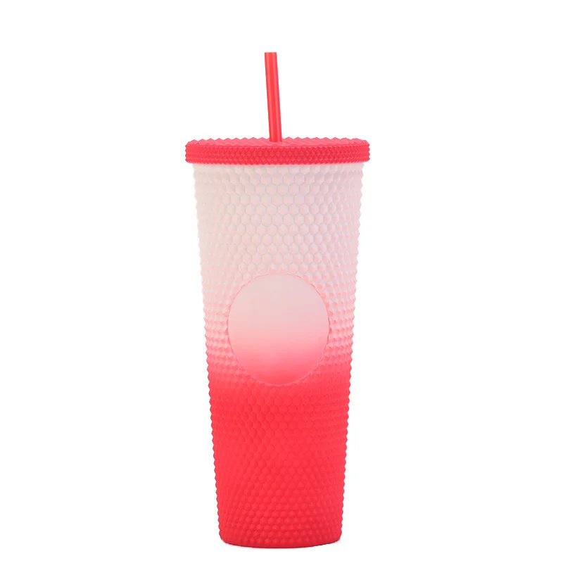24Oz Matte Glow Inlaid Cup Plastic Coffee Cups With Straw Lids Double Wall Gradient Durian Cup Large Capacity Drinking Cup