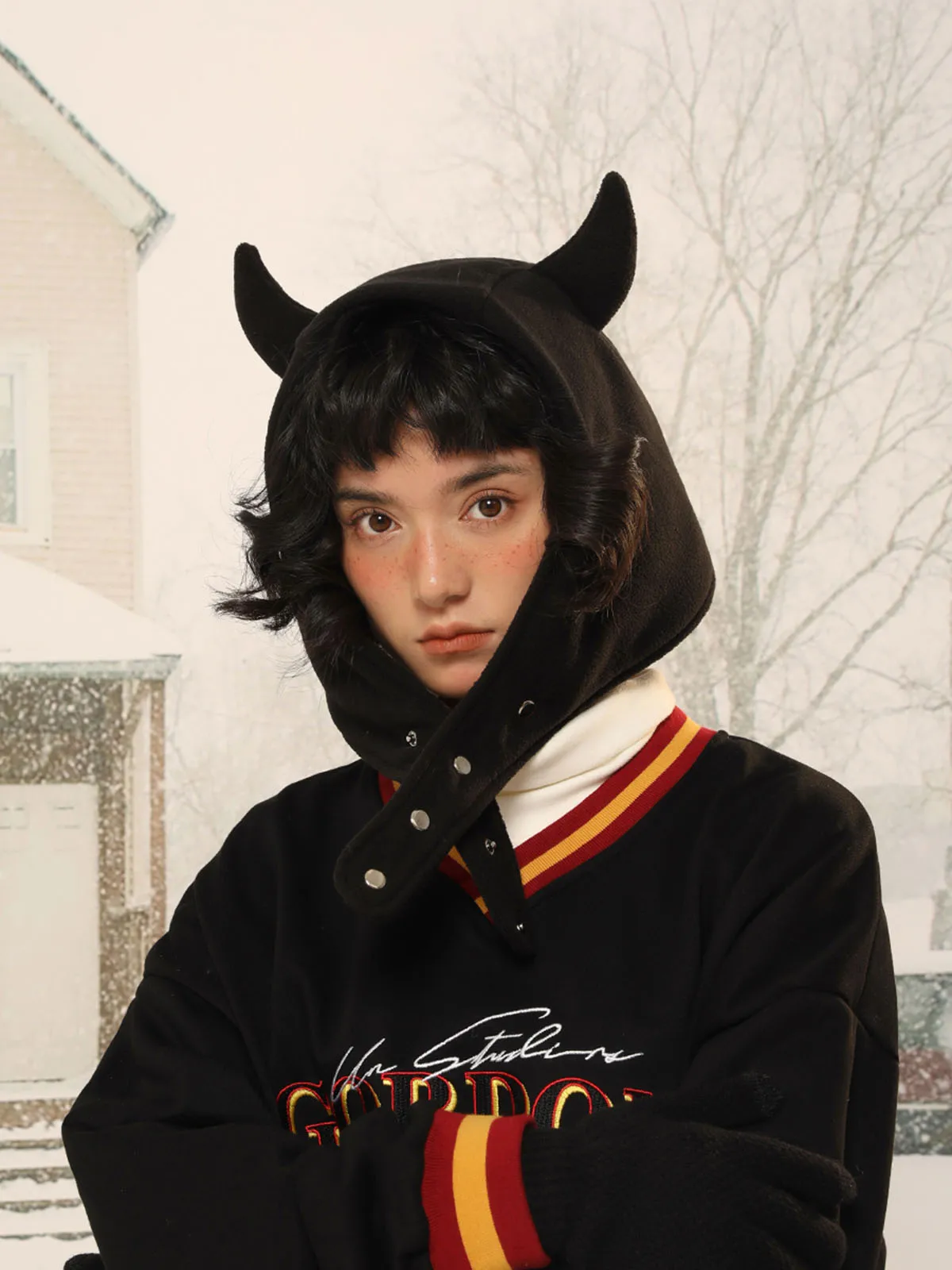 Japan Yabi Cute Devil Ears Cow Horn Thunderbolt Hat Women Autumn Winter Warm Suede Ear Protection Set Head Cap Y2K Beanies