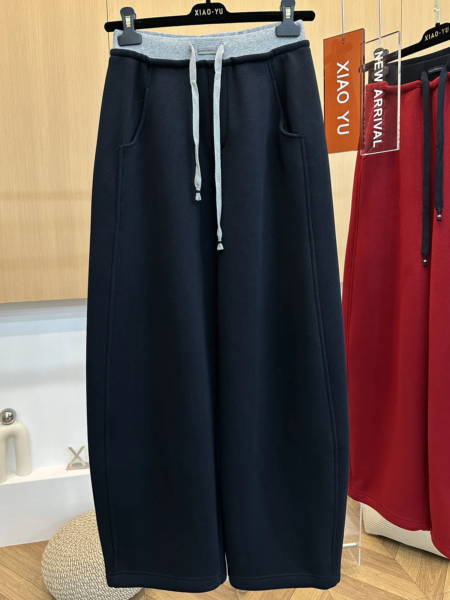 بنطلون نسائي واسع الساق بخصر مرتفع ورباط، تصميم مرقع مع حافة منحنية، مناسب للربيع والخريف، بنطلون رياضي كاجوال