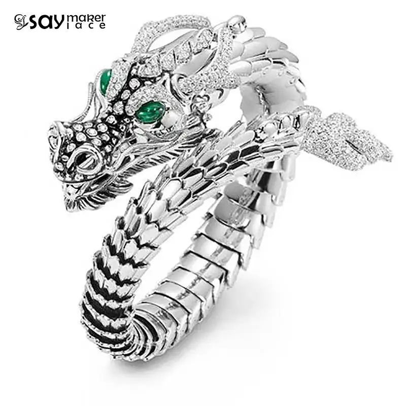 Anello Regolabile Aperto Drago Vintage Per Uomo Occhi Verdi Colore Argento Drago Iperbole Anelli Maschili Punk Party Uomo Gioielli Regalo