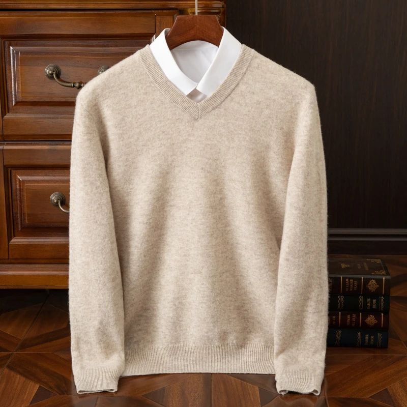 Basic Sweater V-Neck Pullover Wool Sweater Men's Long Sleeved Solid Color Business Casual Jumper Sweater Autumn Winter Warm Knit Top