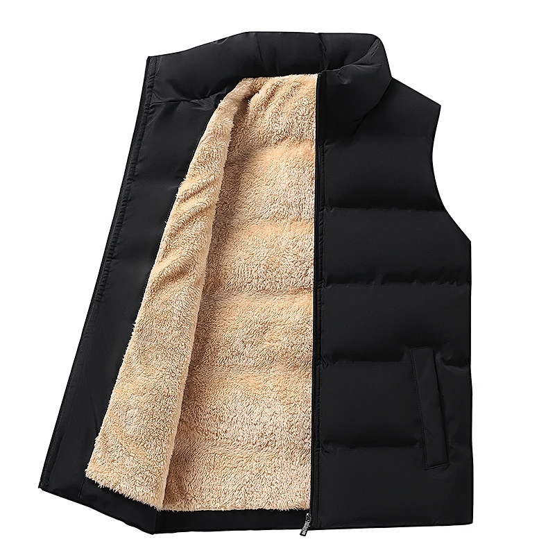 Autumn Winter Men's Pockets Turtleneck Zipper Solid Flocked Sleeveless Cardigan Vests Coats Loose Vintage England Style Tops
