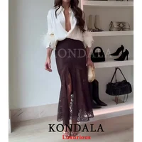 KONDALA Vintage Chic Chocolate Brown Satin Skirts Front Split Lace Midi Skirts Fashion 2025 Evening Club Party Women Long Skirts - Image 2
