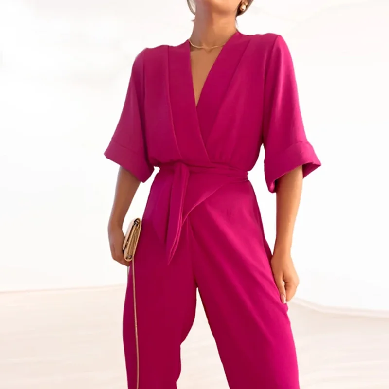 Jumpsuit Bodysuit Solid Color Loose Oversized V-neck Short Sleeved Tied Waist Leg Half Sleeve Wide Leg Work Women's Jumpsuit