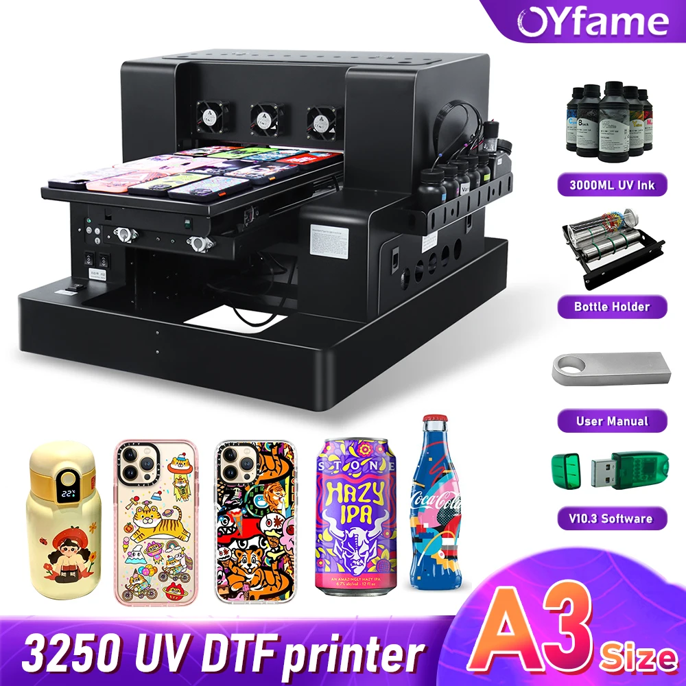 

OYfame A3 UV Flatbed Printer A3 UV DTF Printer L805 Printer head uv printing machine with Rotary for phone case glass bottle