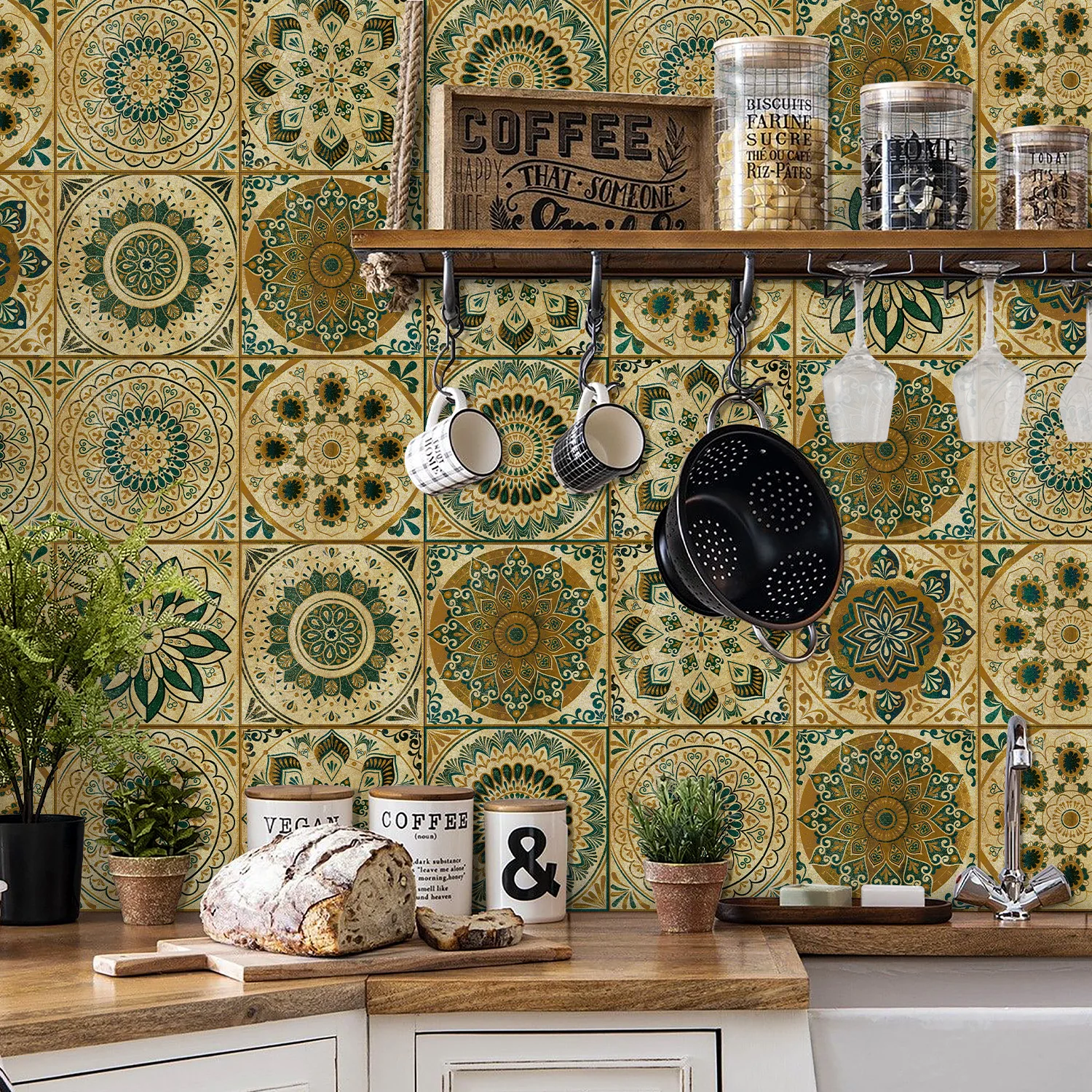 24 Pieces Of Brown Patterned Tile Stickers For Bathroom And Kitchen Wall  Decoration Pvc Wall Stickers Self-Adhesive Waterproof, image size:1500x1500