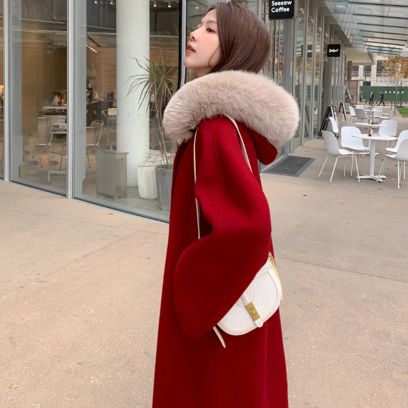 2023 Autumn Winter New Handmade Sewing Reversible Cashmere Coat Women Loose Big Fox Fur Collar Hooded Casual Long Woolen Outwear