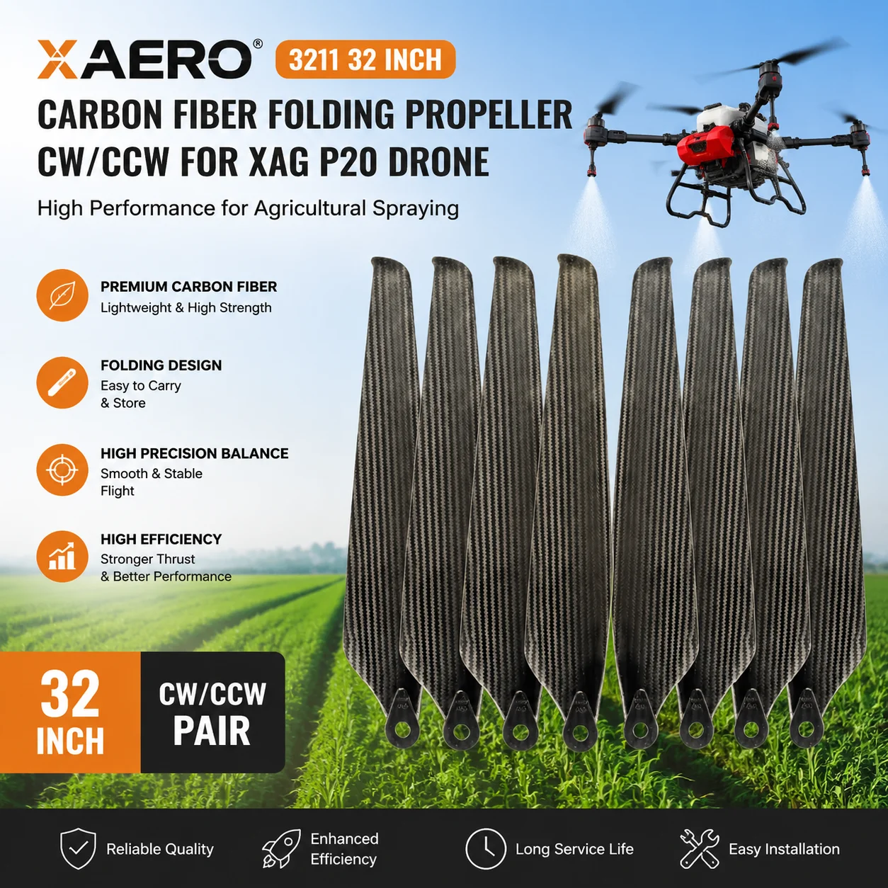 XAERO 3211 32 Zoll Carbonfaser-Faltpropeller CW CCW für XAG P20 Sprühdrohne