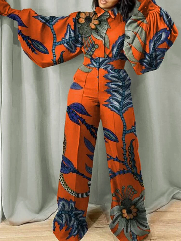 

Women Printed Jumpsuit High Waist Long Lantern Sleeves Turn Down Collar Female Elegant Vintage One Piece Rompers Spring Fashion