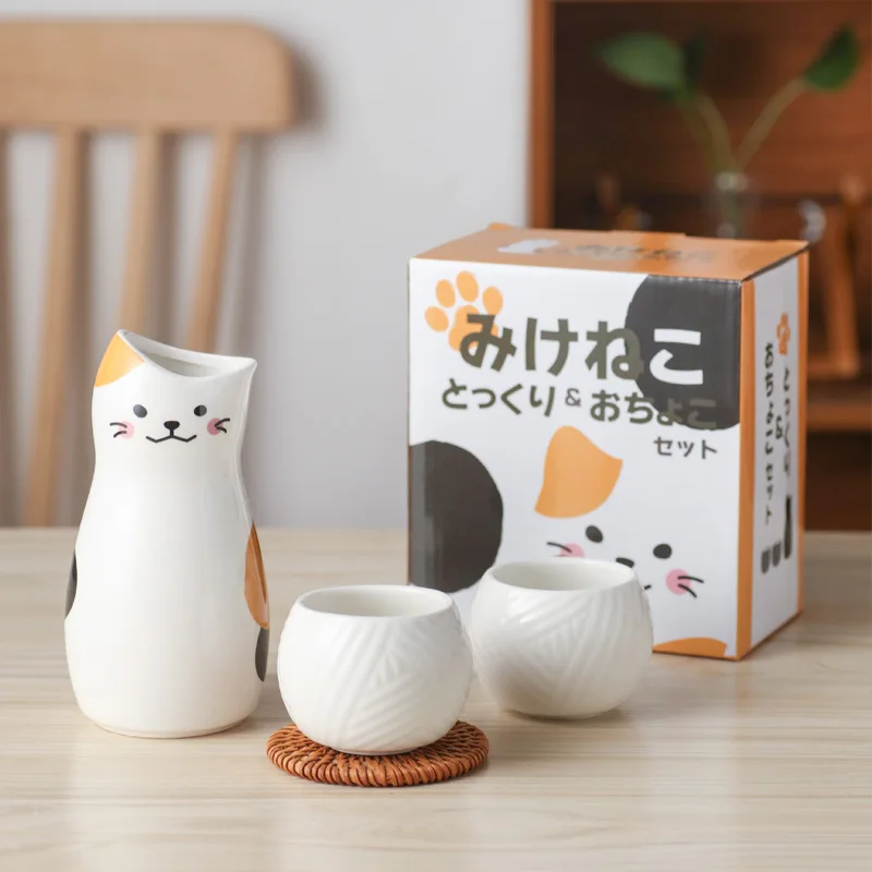 Japanese Sake Pot Kit Hand Painted Cartoon Cat Shochu Cup Set Retro Wine Ceramic Two Cups Barware for Gift Bar Sets Accessories