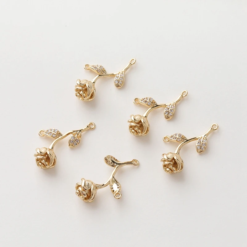 

2PCS 14K Gold Plated Double Holes Brass Rose Inlaid Zircon Pendant Jewelry DIY Making Supplies Material Accessories
