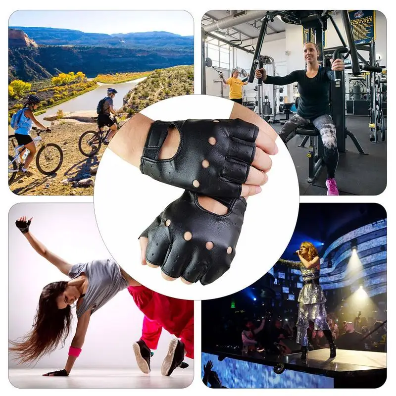 1pair Unisex Black Synthetic Leather Fingerless Gloves Punk Style Half Finger Men Women Cycling Motor Riding