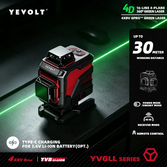 Niveau laser vert YEVOLT YVGLL4XS16, série 4 plans 16 lignes, auto-nivelant 360° 3D horizontal et vertical, outils de mesure de puissance 1