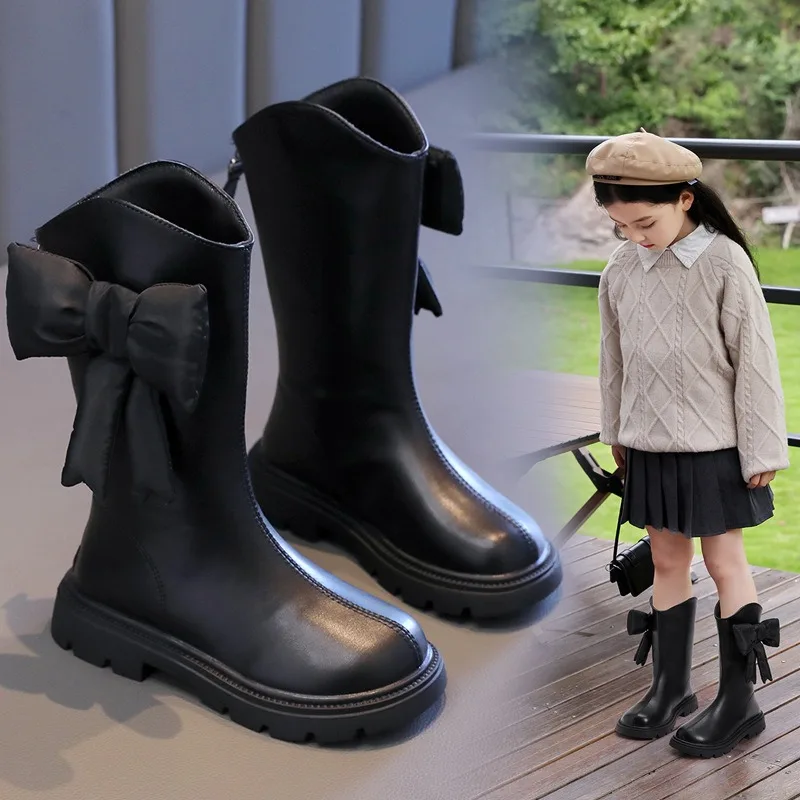 New Winter Girls Princess Cotton Boots Elegant Bowknot Children Causal Boots Fashion Black Versatile Kids Simple Mid-calf Boots 4