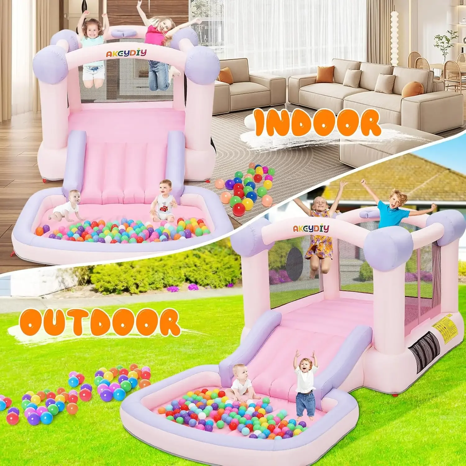 Bounce House with Ball Pit, Inflatable Bouncy House for Kids All in One Jumping Castle, Wide Slide, Ball Pool, Basketball Hoop,
