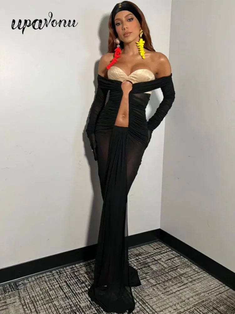 

UpAvonu 2024 Sexy Women's Maxi Dress Strapless Card Shoulder Glove Design Bodycon Cocktail Evening Party Long Dresses Vestidos