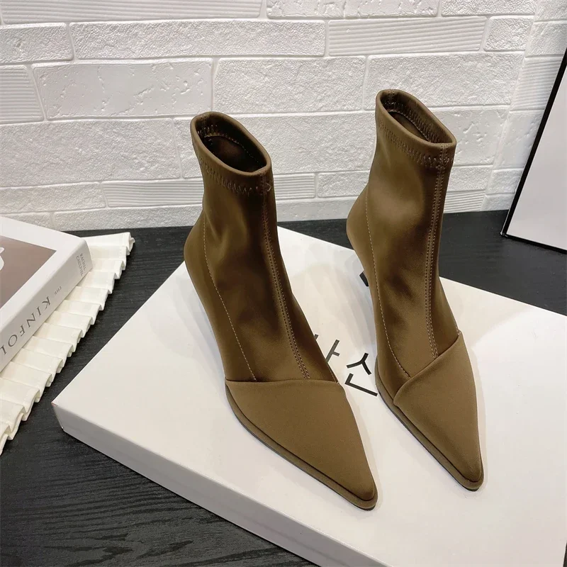 Sexy Pointed Toe High Heels Lady Boots Fashion Elegant Satin Pointed Toe Ankle Boots Famale Thin Stretch Sock Boots Women Shoes