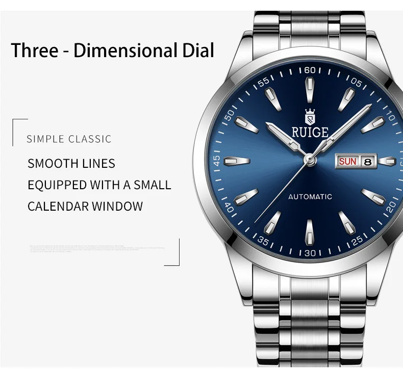 Orologio meccanico completamente automatico da uomo RUIGE con calendario settimanale, in acciaio inossidabile, da uomo, con luce notturna, impermeabile, versatile._voghion.com