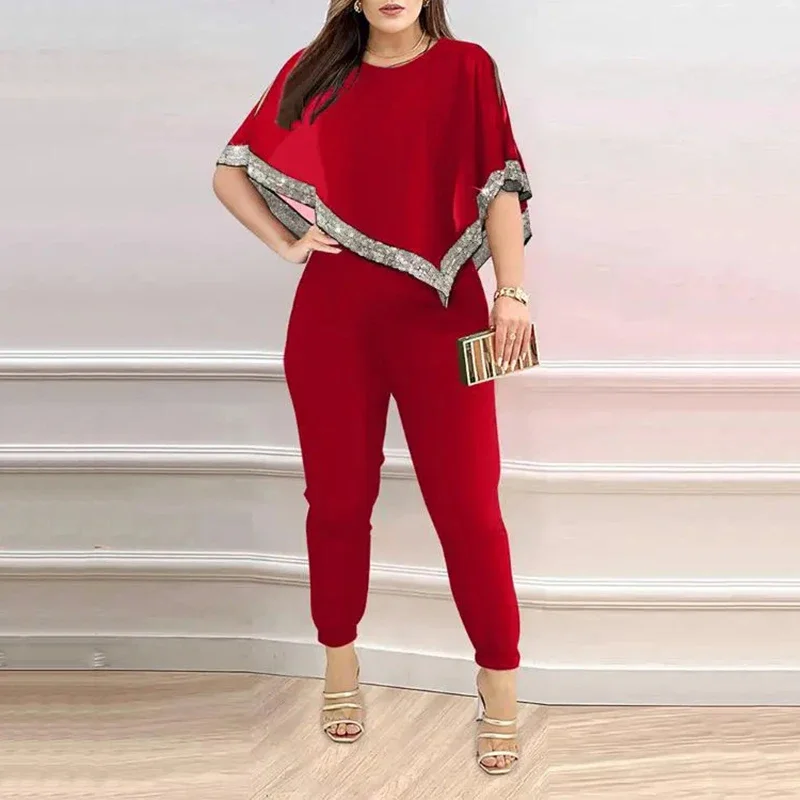 

Sping Summer New Solid Women Pant Suits Fashion Casual Sequined Printed Pullovers and Pencil Pants Female Slim Two Piece Sets