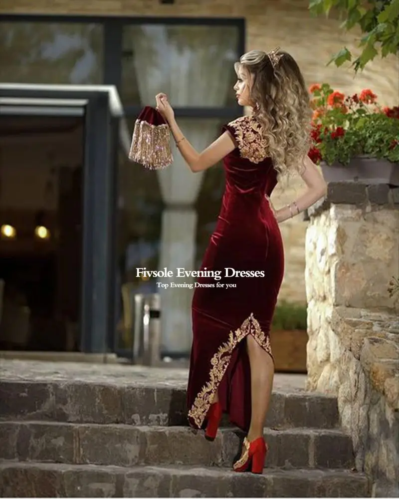 Fivsole Burgund Abendkleid mit Abnehmbaren Rock Appliques Kaftan Marocain Robe De Reveillon Samt Frauen Prom Party Kleider