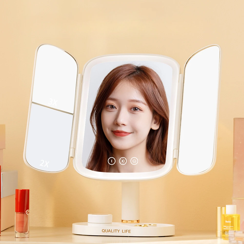 

LED Light Vanity Mirror 1/2/3X Magnifying Cosmetic 3 Folding Makeup Mirrors 270 Rotation Stepless Dimmer Beauty Table Mirrors