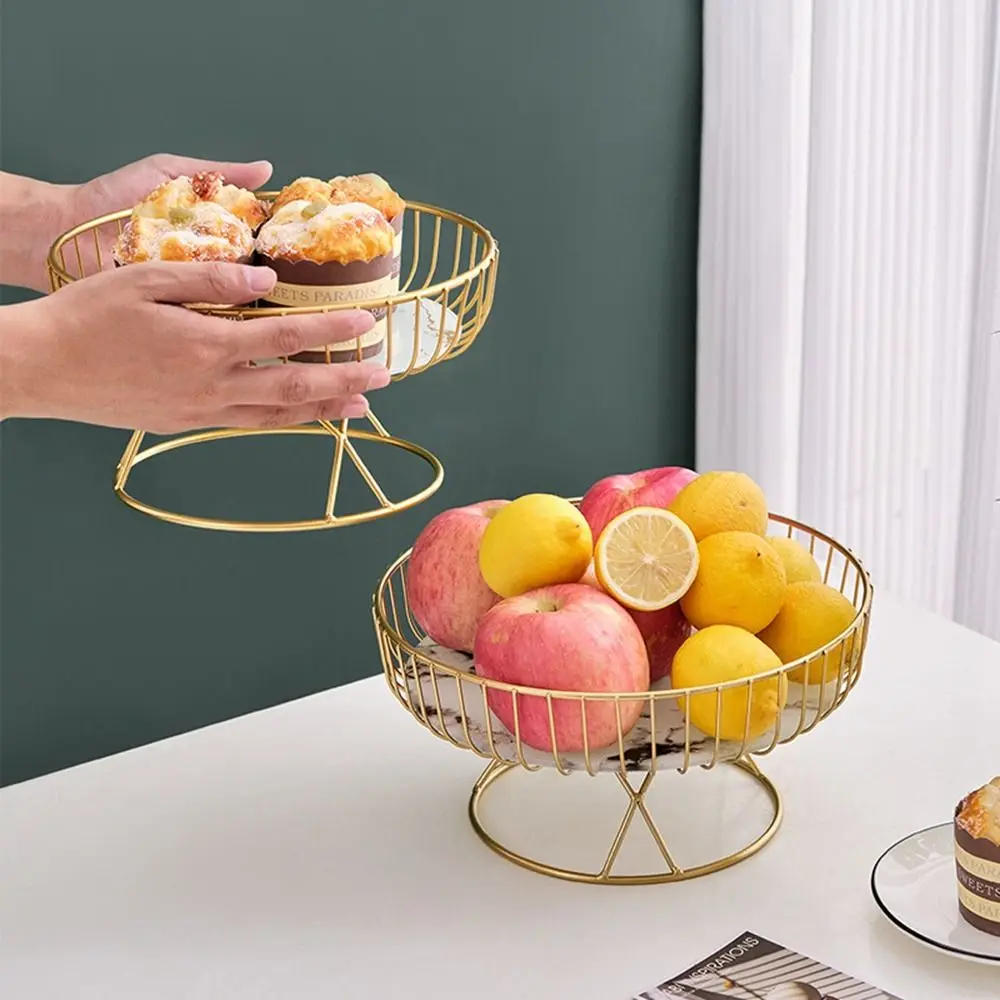 Modern Single Tier Metal Iron Wire Fruit Basket Stylish Sturdy Round Fruit-Bowl Large Capacity Fruit Tray Bread 4