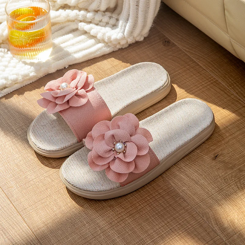 

2023 Spring and Summer Women's New linen Home indoor soft Bottom increased multi-color four seasons fabric large flower Sandals