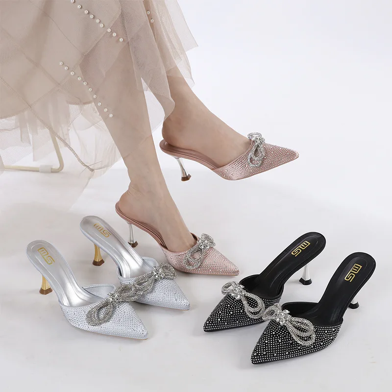 

Shoes Woman 2023 Thin Heels Heeled Mules Slipper High Rubber Slides Silk PU High-Heeled Shoes Lady Ladies' Slippers Thin Silk Ru