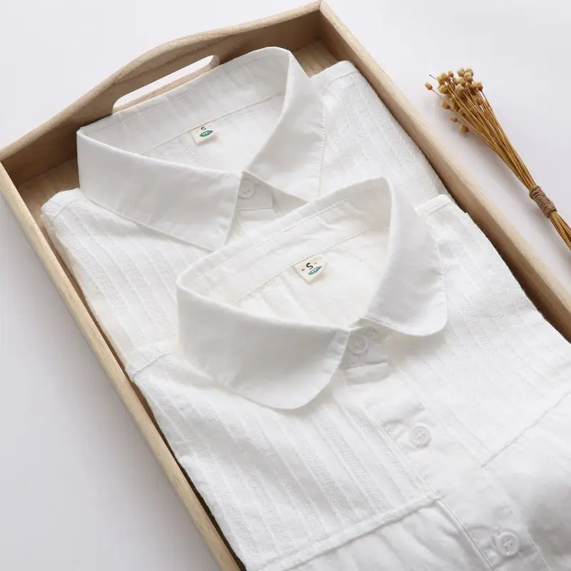 

Spring Autumn Art Cotton White Blouse Long Sleeve Shirt Female Student Vocational Work Versatile Slim Fit Fashion Tops Korean