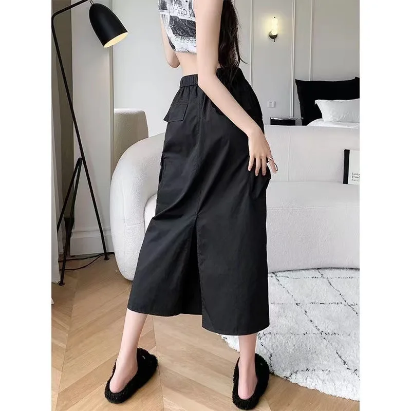 Large Size Women Spring Drawstring Solid Color Half Length Skirt New Forking Solid Color Elastic Waist Pocket All-match Skirt