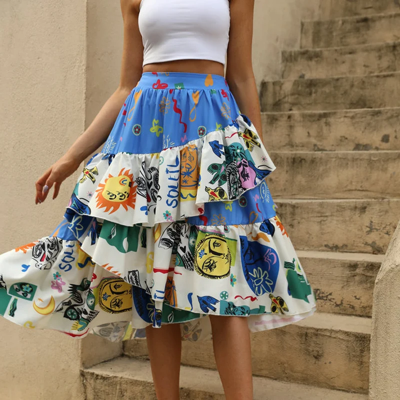 

Fashion Bohemia Beach Skirt Summer Patchwork Irregular Ruffle Women Skirt Chic Graffiti Print Casual Loose Hem Office Lady Skirt