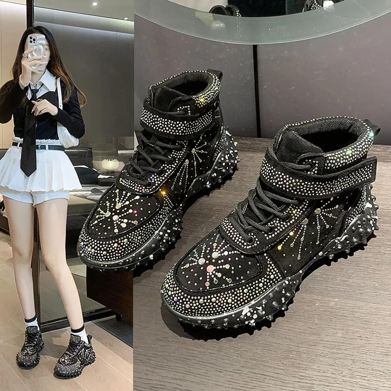 

High-end Rhinestone Glow-in-the-dark Bottom High Top All Lightweight Comfortable Non-slip Sports Breathable Wear Women's Shoes