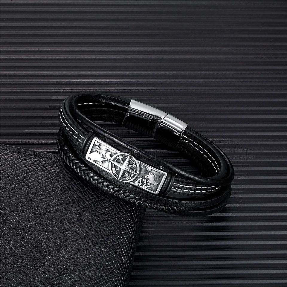 LEGADO Bracciale Uomo In Pelle PU E Acciaio Inox: Stile Vichingo Moderno, Regolabile, Colori Nero/argento/oro, Misure 19,5 E 21,5 Cm. In Scatola Regalo.