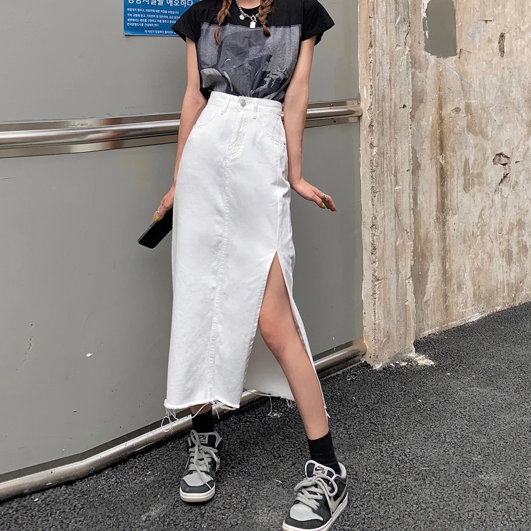 Korean Casual White Denim Skirts Women Fashion High Waist Loose Slit Wraps Long Skirt Female 2022 Spring Summer New [fila]loose fit slit hoodie