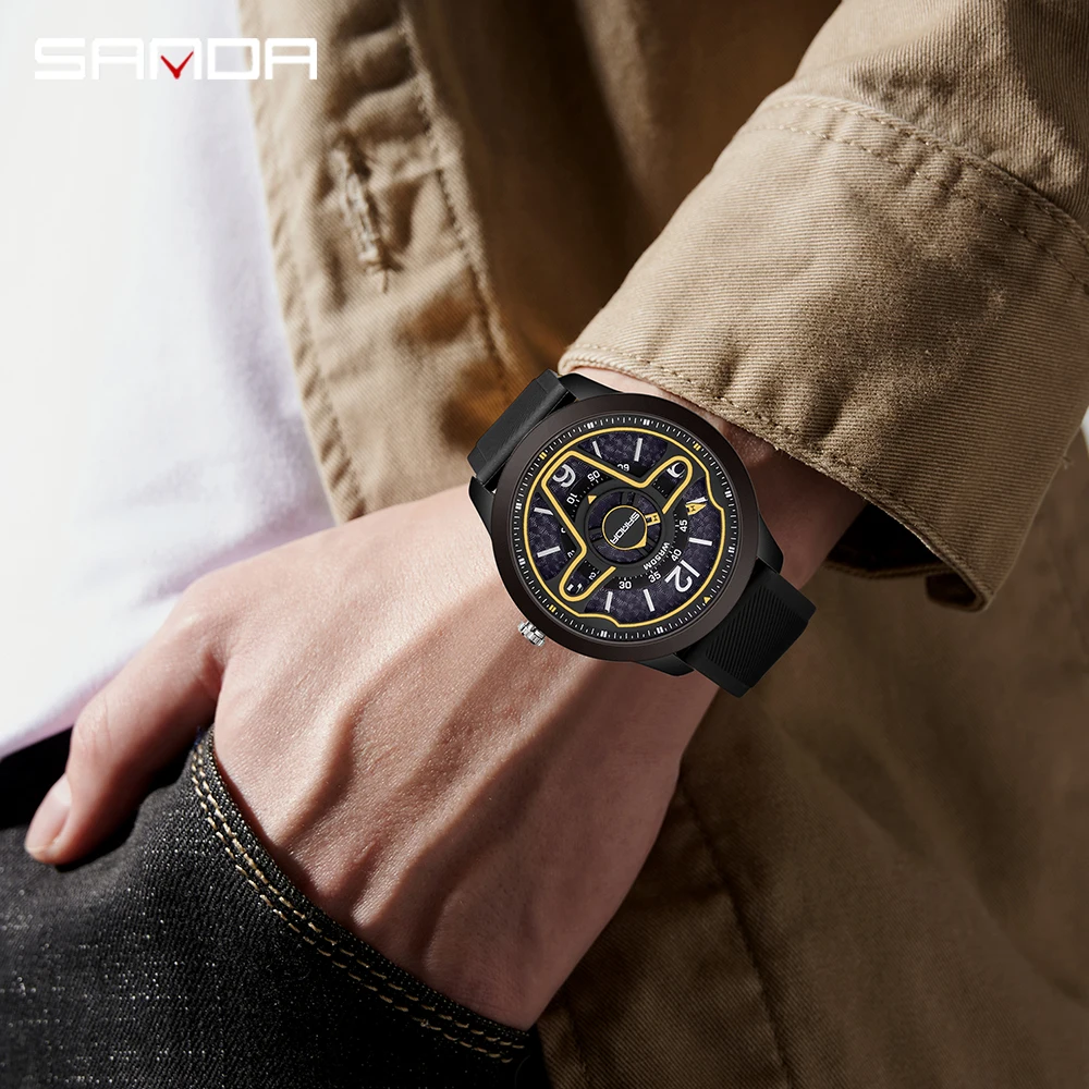 SANDA 9023 Casual Personality Classic Precision Men's Quartz Watches Racing Silicone Fashion Sports 3D Car Steering Wristwatches