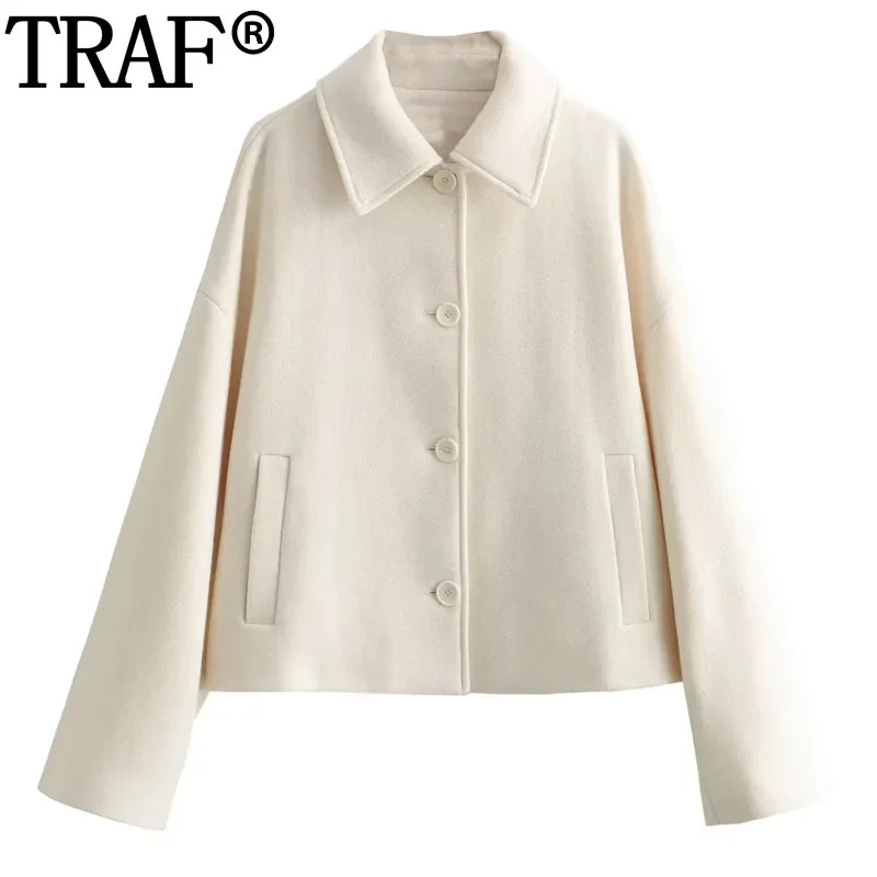 

TRAF Beige Cropped Jacket Woman Fashion Faux Wool Coats For Women Autumn Winter Oversize Jacket Warm Elegant Womens Jackets