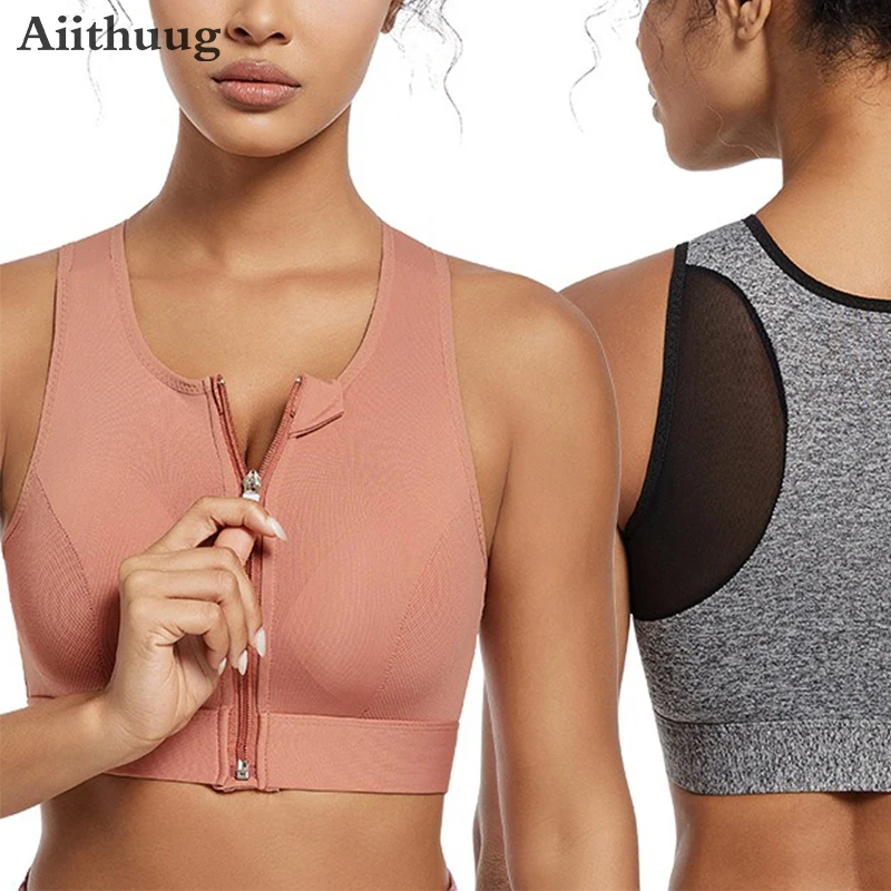 

Aiithuug Women's Shockproof Gathered Front Zipper Yoga Bra With Padded Cup Wireless I-shaped Back With Mesh Running Sports Vest