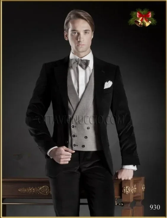 

Italian Black Velvet Grey Tweed Groom Men Suits Slim Fit 3 Piece Tuxedo Custom Blazer Prom Wedding Suits For Men Costumes Hommes